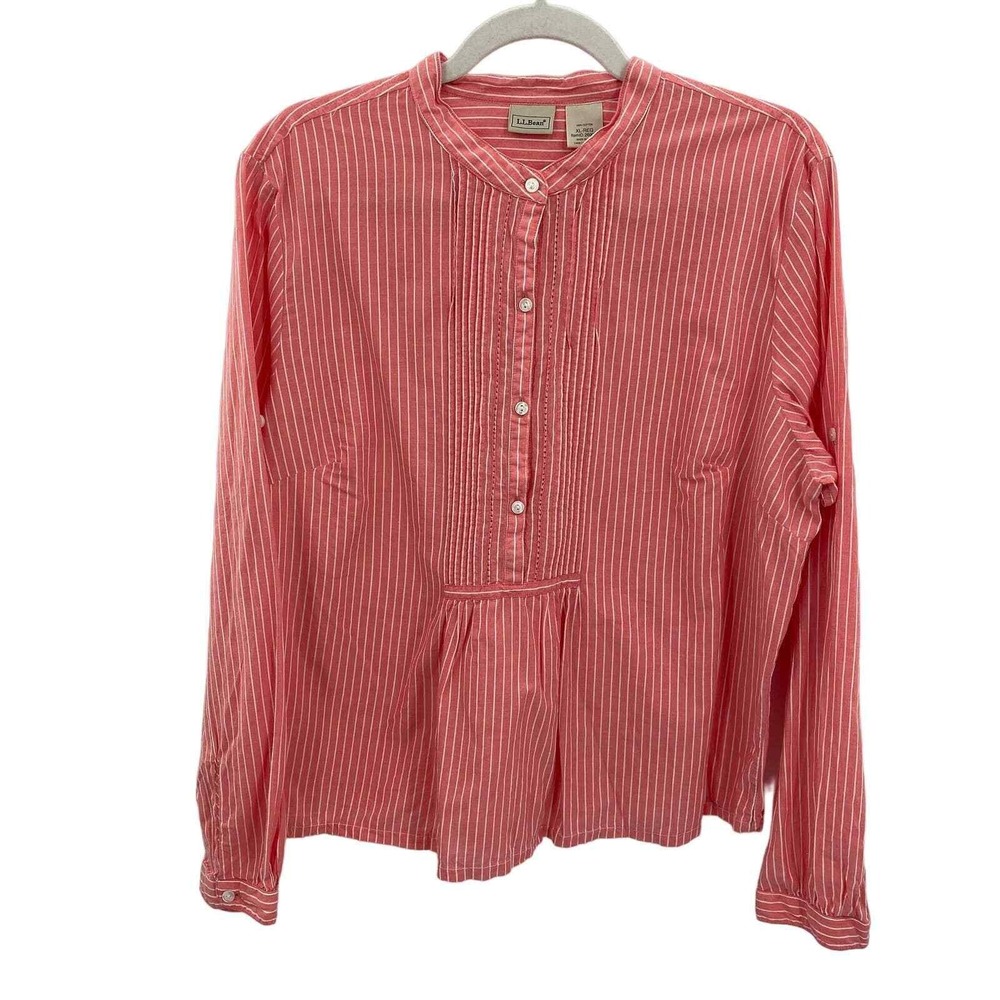 LL Bean Popover Shirt Womens XL Pink White Stripe Cotton Band Collar Roll Tab